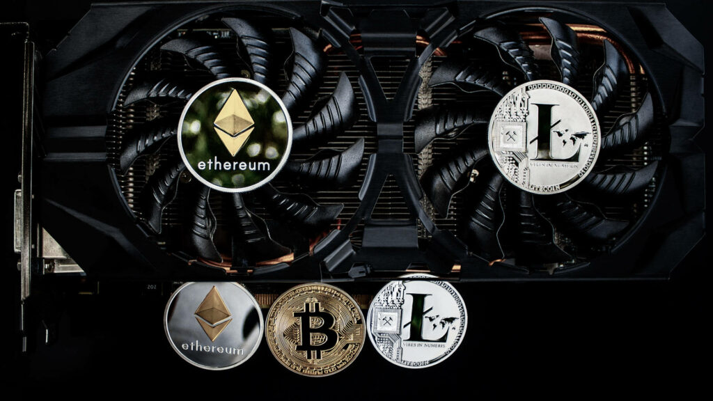 Ethereum Litecoin and Bitcoin coins on GPU fans representing crypto mining hardware background Wallpaper