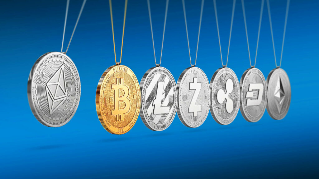 Cryptocurrency coins Ethereum Bitcoin Litecoin Ripple Dash in Newtons Cradle on blue gradient background Wallpaper
