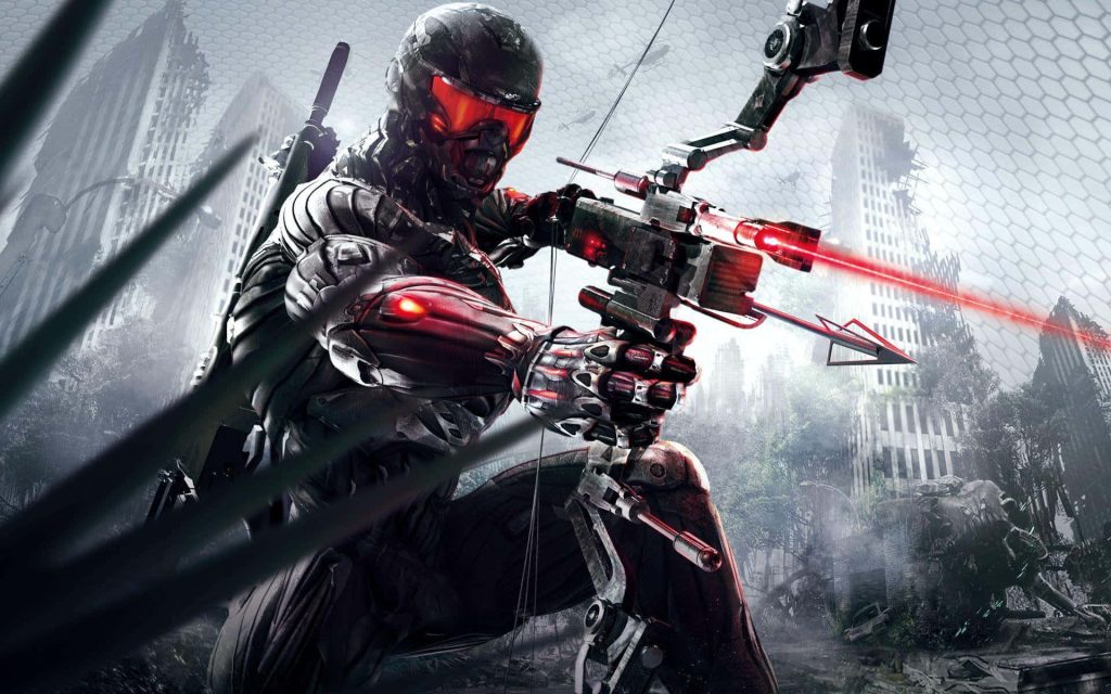 Crysis 3 wallpaper of Prophet in Nanosuit aiming Predator Bow in ruined overgrown cityscape