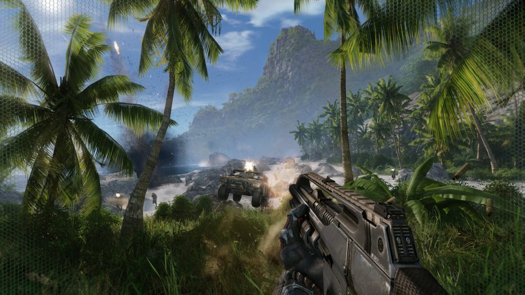 First-person view Crysis FPS scene with futuristic rifle combat on tropical beach jungle wallpaper