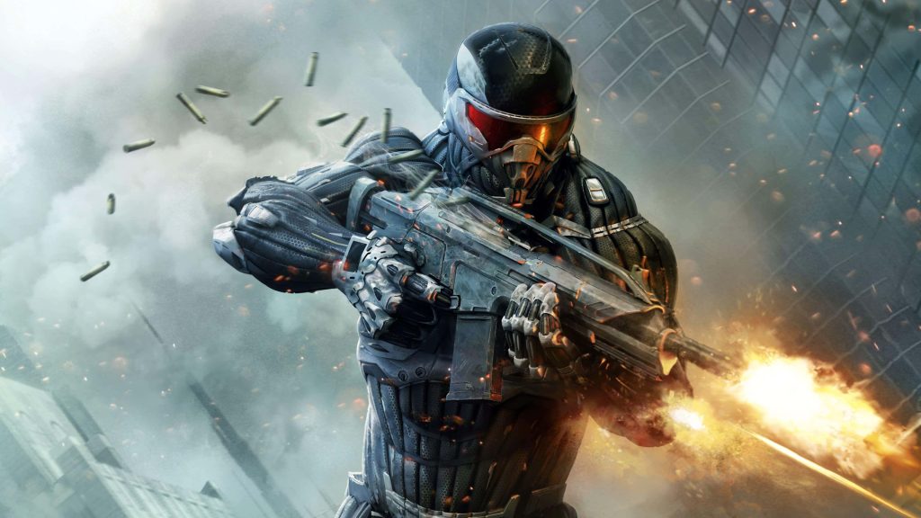 Soldier in Nanosuit 2 firing assault rifle with muzzle flash and flying shell casings combat Wallpaper