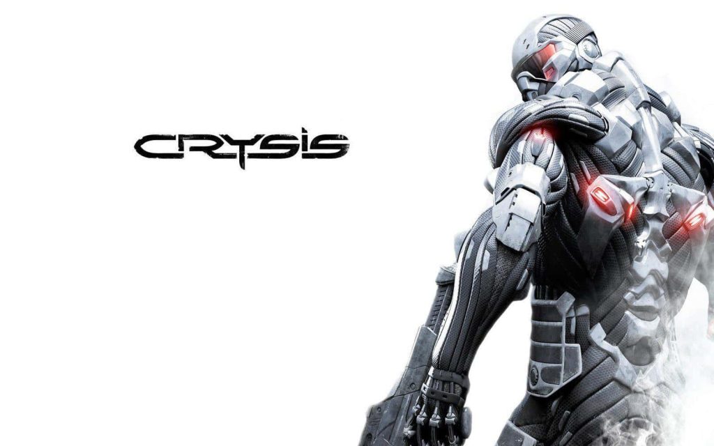 Crysis Nanosuit futuristic soldier rear view glowing red nodes detailed armor wallpaper
