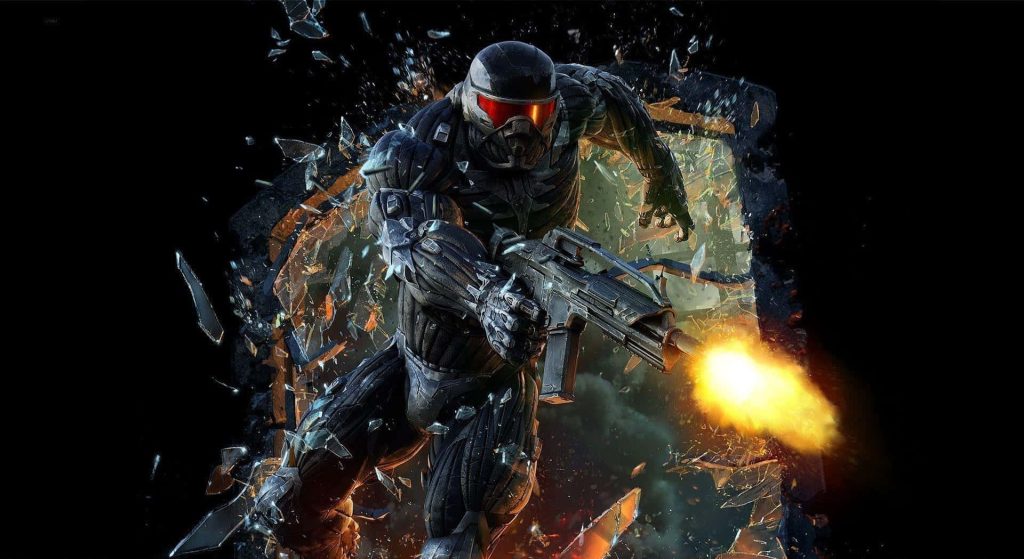 Crysis Nanosuit soldier breaking glass firing assault rifle intense futuristic combat wallpaper