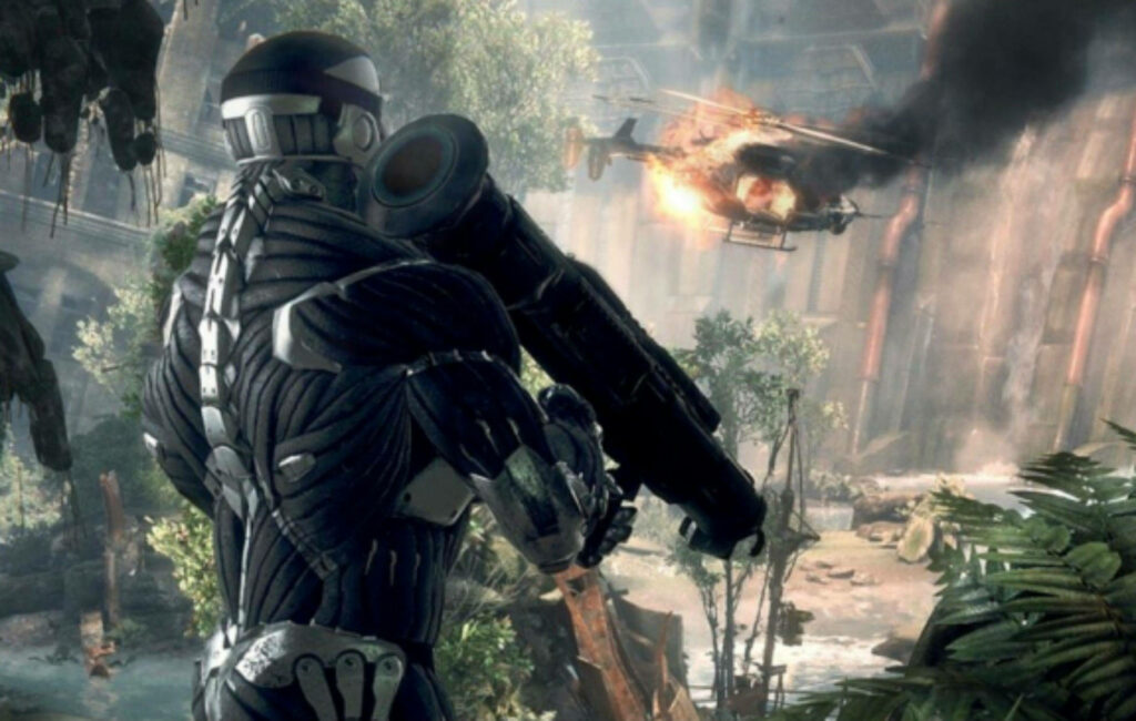Fire and Fury: A Helicopter's Demise in Crysis Remastered Wallpaper