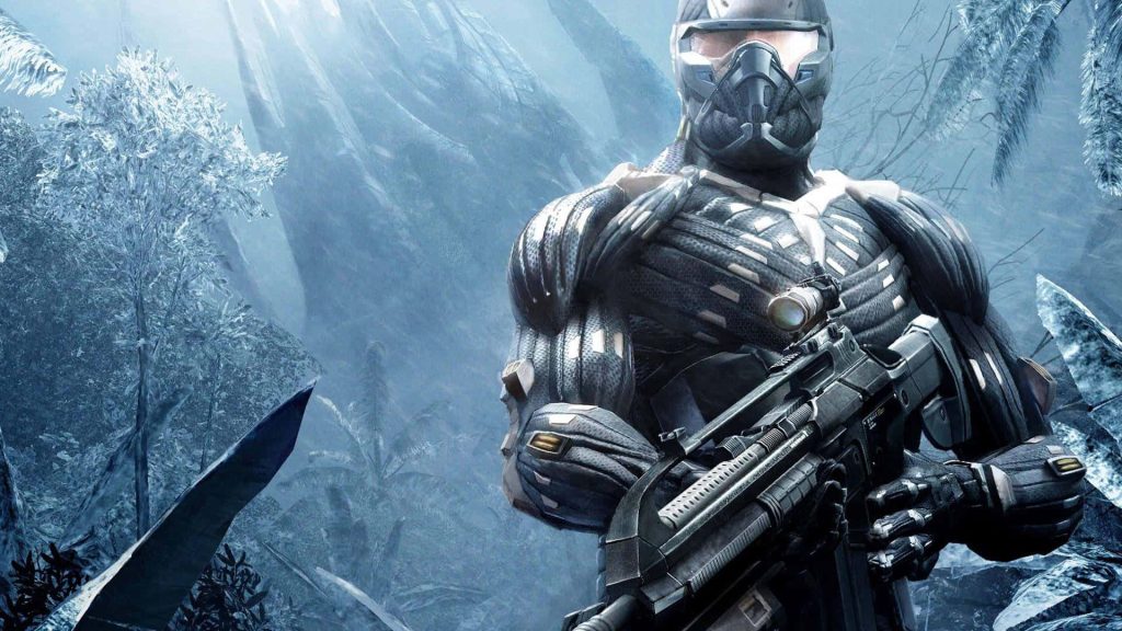 Soldier in futuristic Nanosuit with assault rifle in frost-covered jungle Crysis wallpaper HD