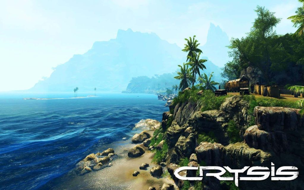 Crysis wallpaper sunlit tropical coastline jagged cliffs turquoise ocean scenic desktop background