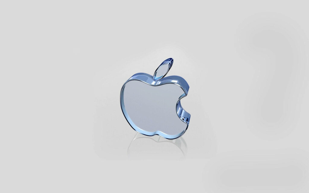 3D glass Apple logo wallpaper with blue tints on light grey background modern minimalist design