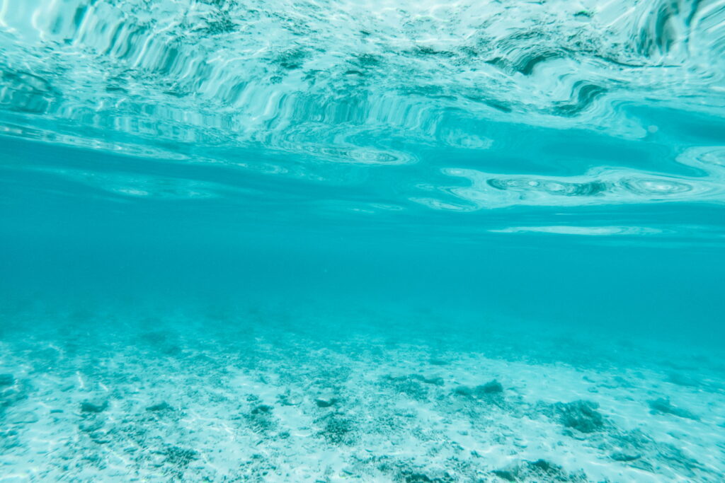 Crystal clear turquoise ocean with sunlight casting shimmering patterns on sandy tropical floor Wallpaper
