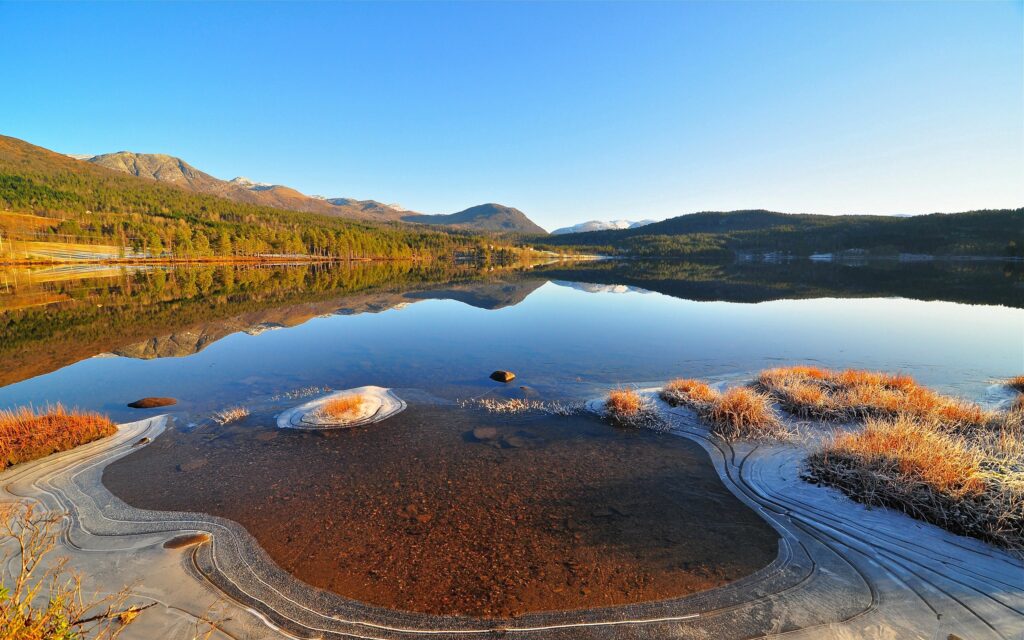 Clear lake bottom under thin ice with frost patterns by mountains and golden grass sunlight Wallpaper