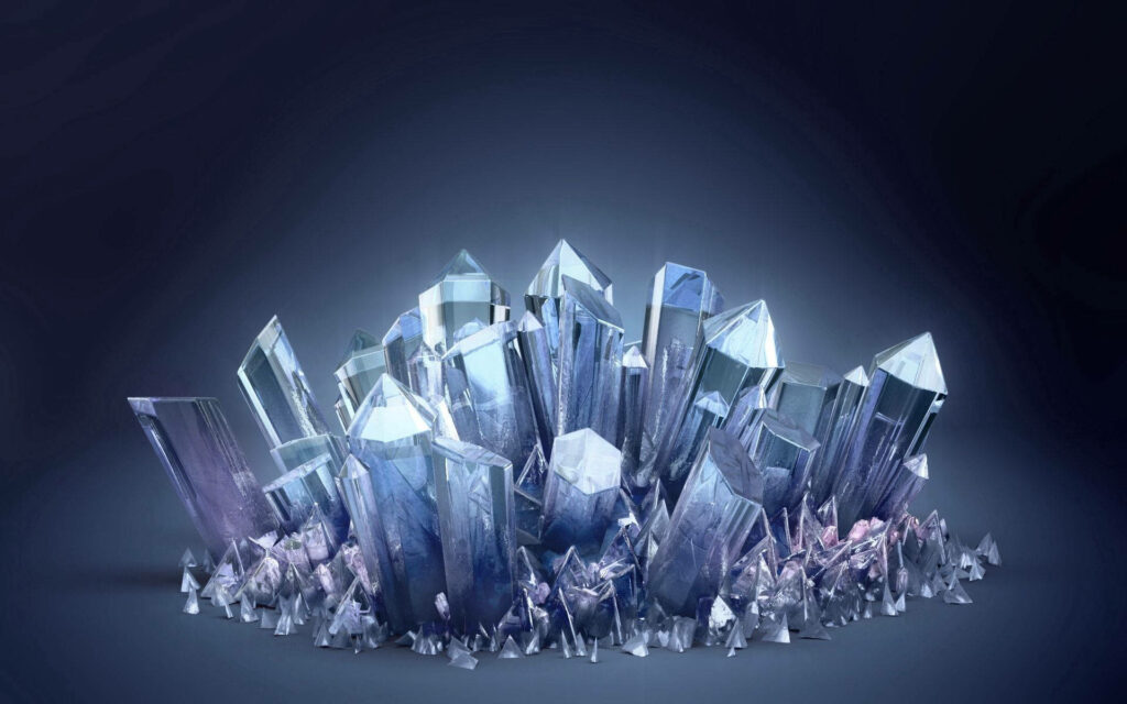 Crystal Cluster : 3D Transparent White Crystals Grow on Dark Bluish Background Wallpaper