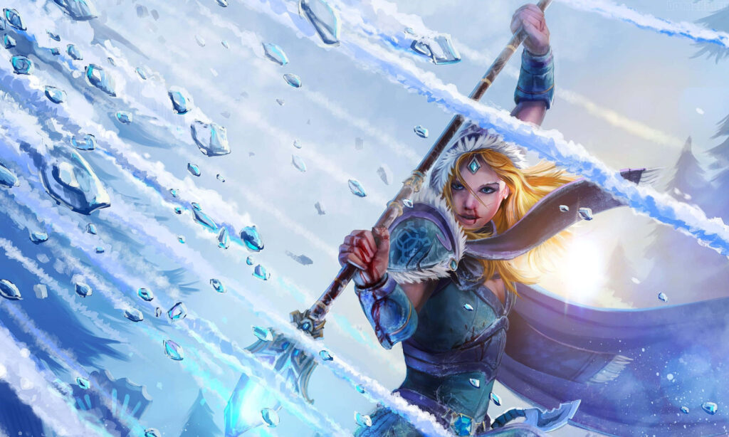 Crystal Maiden in fur-lined armor casting icy magic in a swirling winter fantasy landscape Wallpaper