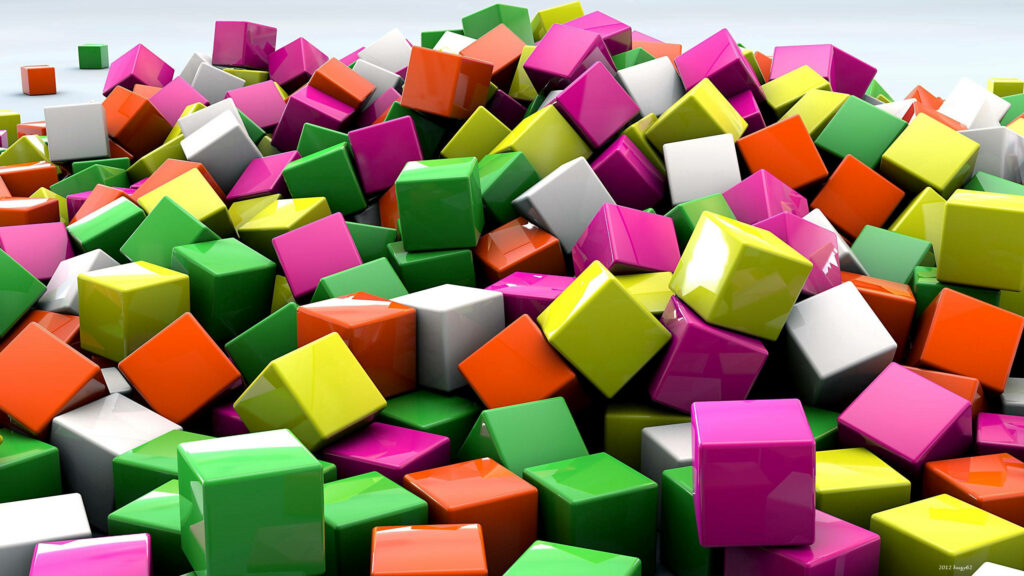 Vibrant 3D glossy cubes in green pink orange white yellow on white abstract modern wallpaper