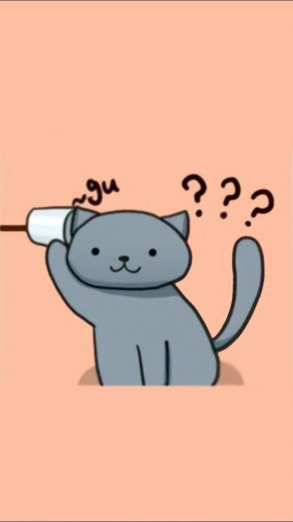 Minimalist wallpaper with curious grey cartoon cat listening to tin-can phone on peach background