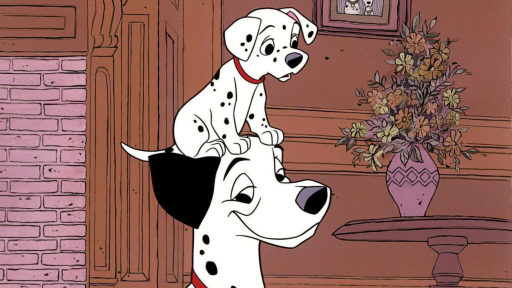 Puppy Ponderings: Adorable Dalmatian explores atop Perdita's head in cozy living room scenery Wallpaper