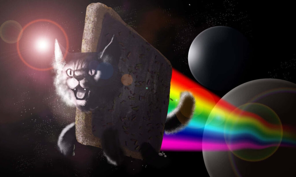 Surreal cursed cat flying through space in cosmic pastry with rainbow trail starry wallpaper background