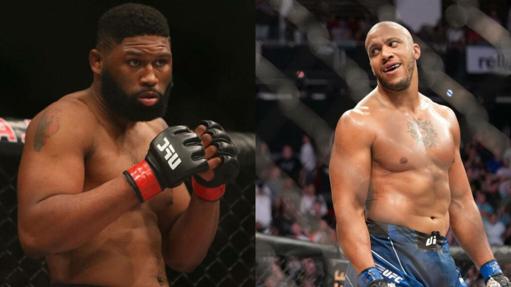 UFC fighters Curtis Blaydes and Ciryl Gane in intense MMA battle stance octagon wallpaper background