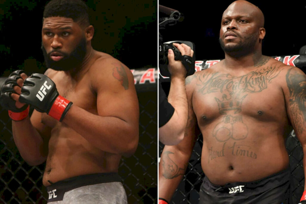 UFC fighters Curtis Blaydes and Derrick Lewis face off intensely in octagon fight night wallpaper