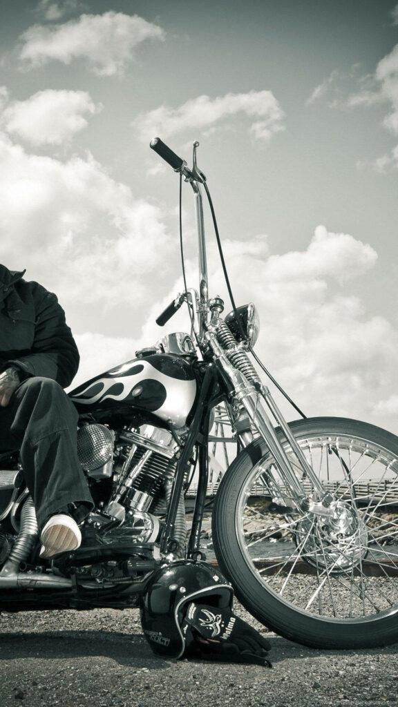 Monochrome Wallpaper: Custom Chopper with Flame Design & Retro Aesthetics