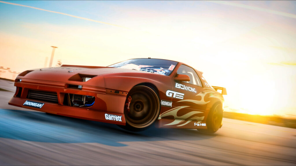 Custom drift car with fiery graphics speeding on bright sunlit vibrant wallpaper background