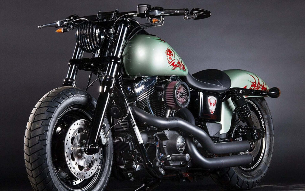 Custom Green Motorcycle Wallpaper with Flame Decals & Skull Emblem
