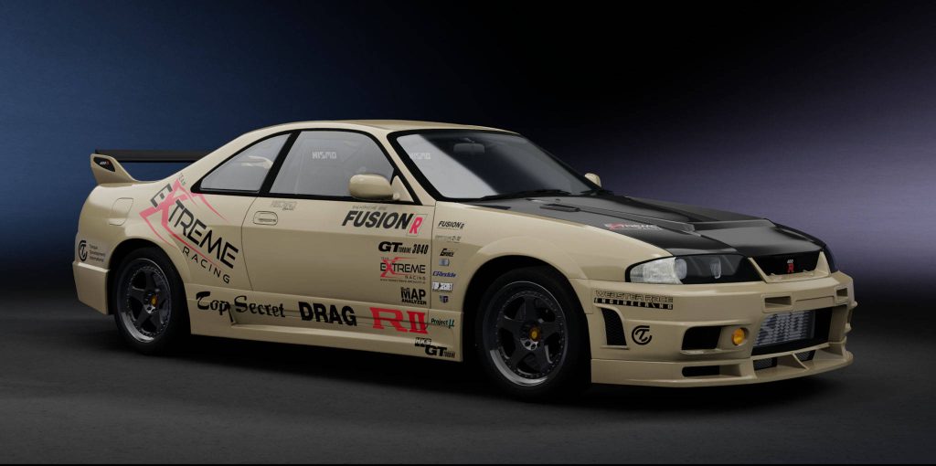 Custom Nissan Skyline GT-R R33 in cream black Extreme Racing livery with Top Secret decals Wallpaper