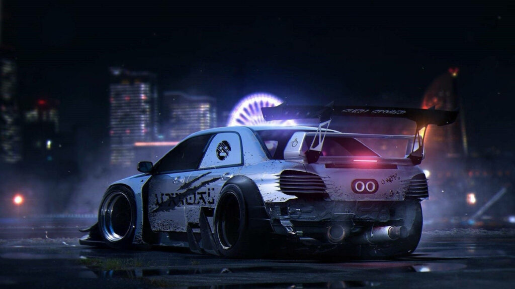 Vibrant Urban Subaru Wallpaper: Aggressive Body Kit & Night Lights