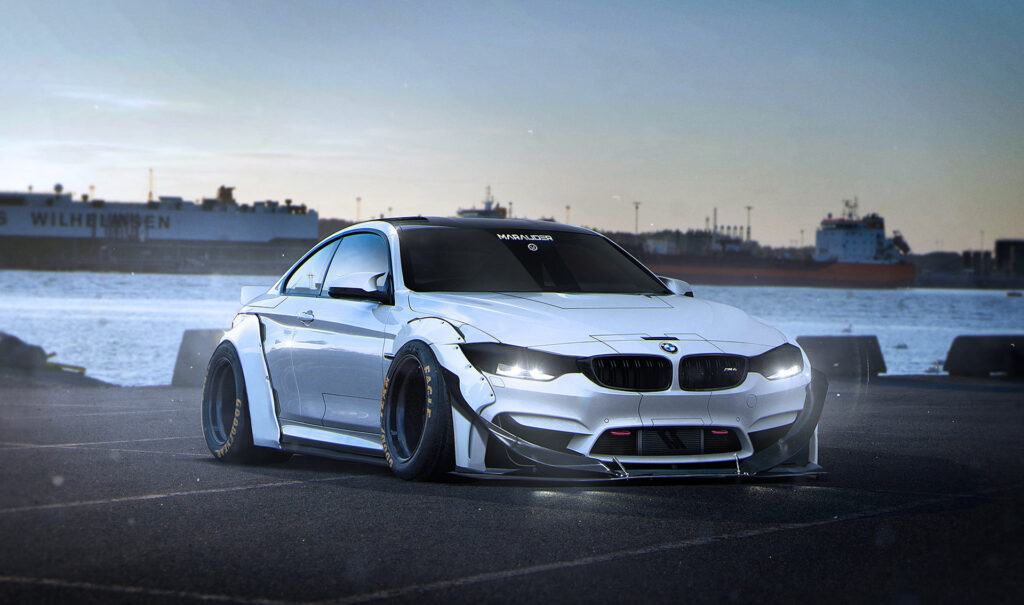 Stunning White BMW M4 Marauder: Custom Tuning & Waterfront Backdrop Wallpaper