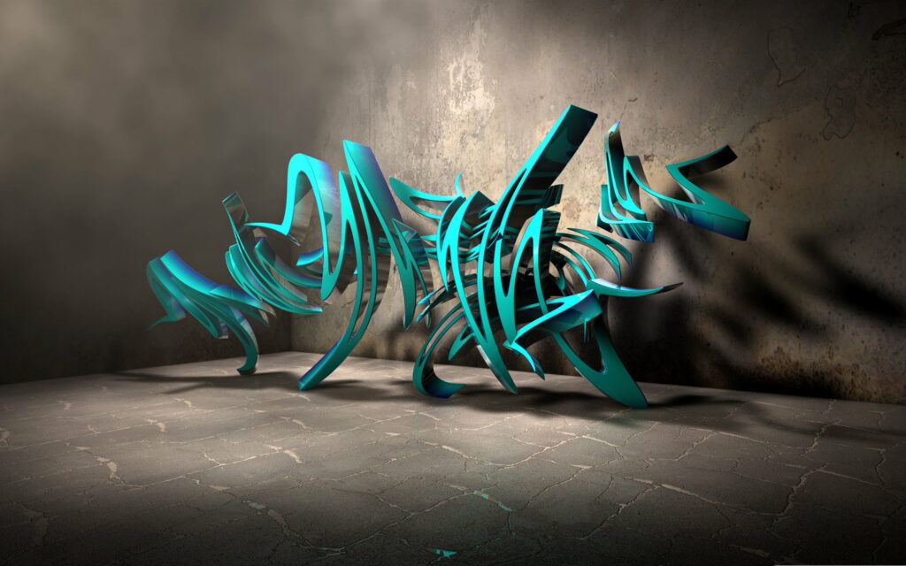 3D teal graffiti art on concrete wall QHD wallpaper bold urban abstract lettering background