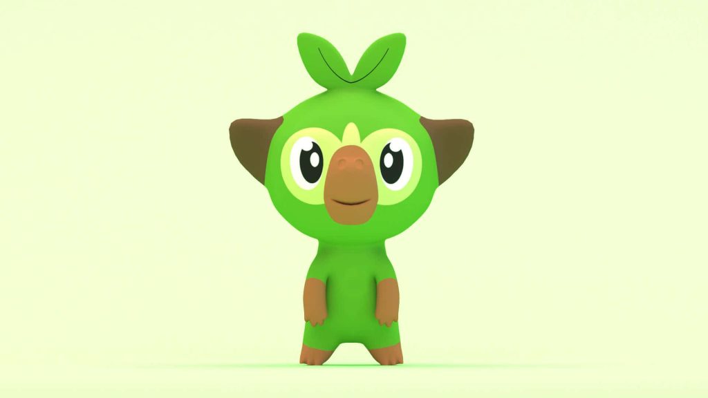 3D Grookey Pokémon wallpaper cheerful Grass-type minimalist light green background design