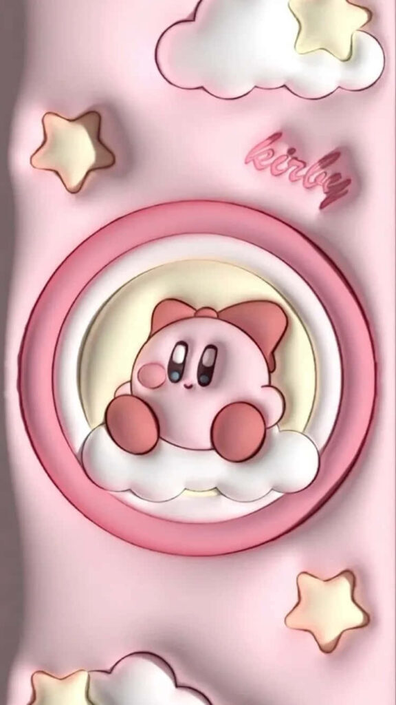 Cute 3D Kirby Wallpaper: Charming Pink Sky & Fluffy Cloud Design