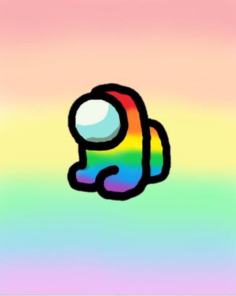 Cute colorful Among Us crewmate with rainbow stripes on soft pastel rainbow gradient background Wallpaper