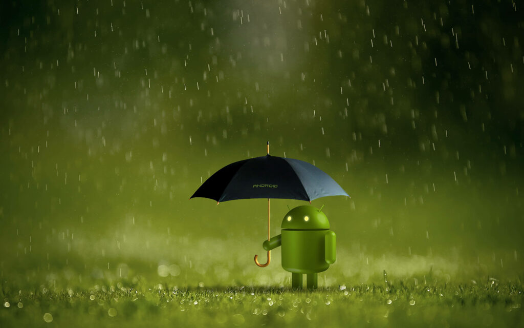 Tech Cuteness: Android Emblem Protects with Umbrella in Desktop Wallpaper
