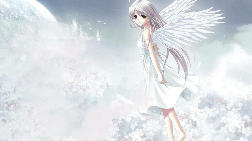 Cute Anime Angel Wallpaper: Serene Scene with Wings & Clouds