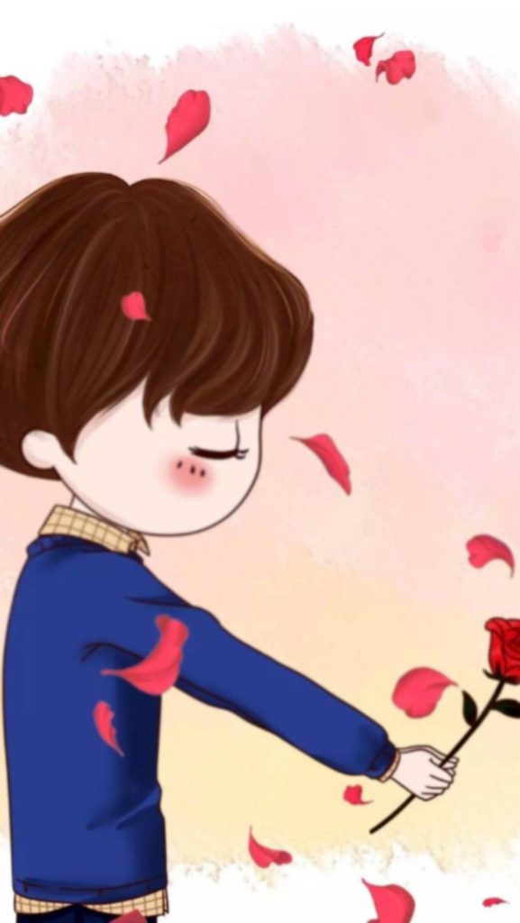 Anime boy with brown hair in blue sweater offering red rose on soft pink petal background Wallpaper