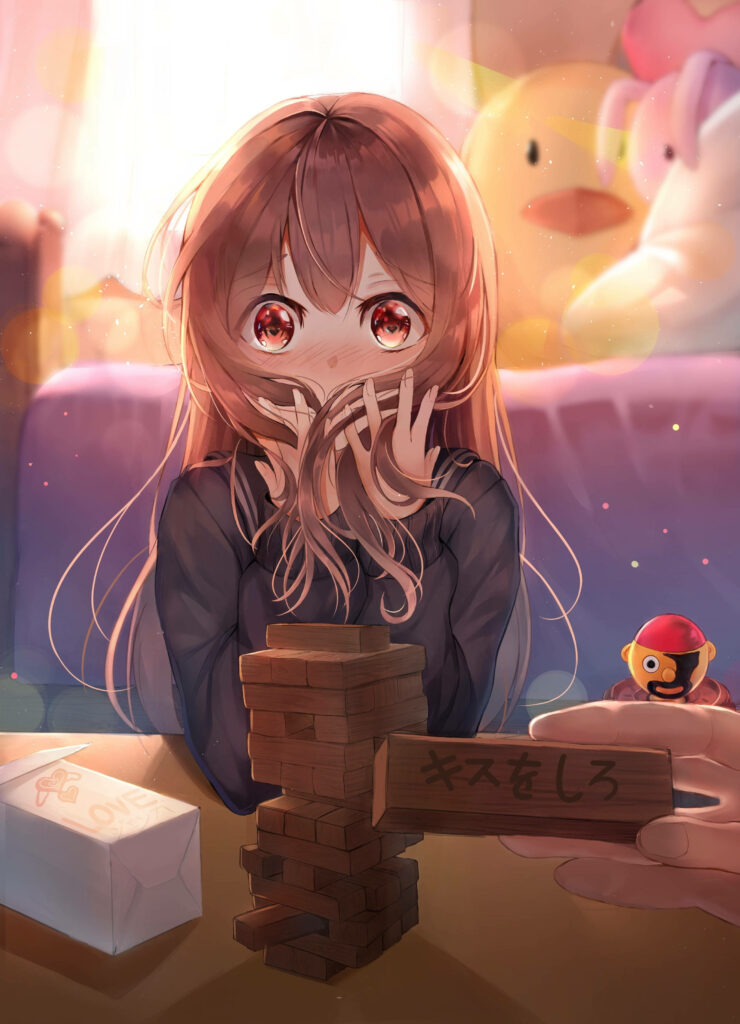 Kawaii Anime Protagonist Mesmerized by Towering Jenga Blocks Wallpaper