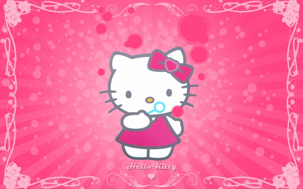 Hello Kitty in pink dress with heart bow on vibrant pink sunburst floral bubble wallpaper