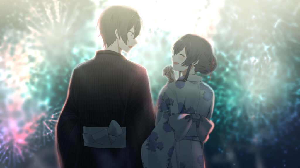 Romantic Anime Night: Yukata-Clad Lovebirds Cherishing Fireworks' Splendor Wallpaper