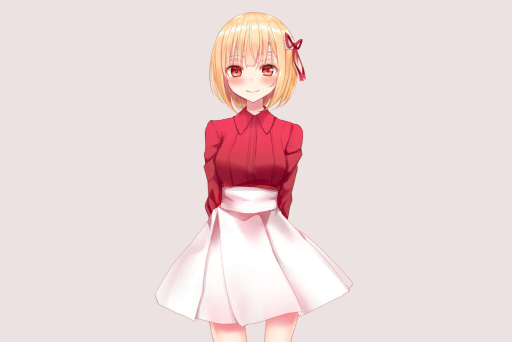 Cute Anime Girl Wallpaper: Cheerful Blonde with Red Ribbon