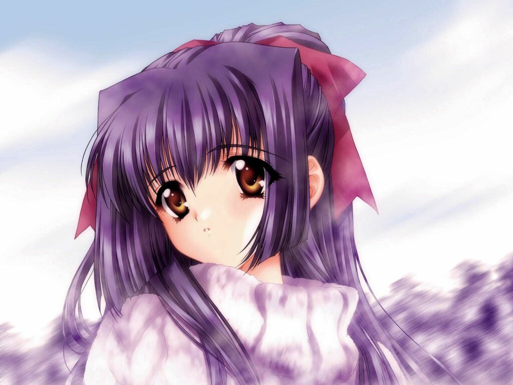 Cute Anime Girl Wallpaper: Brunette with Big Eyes & Pink Ribbon