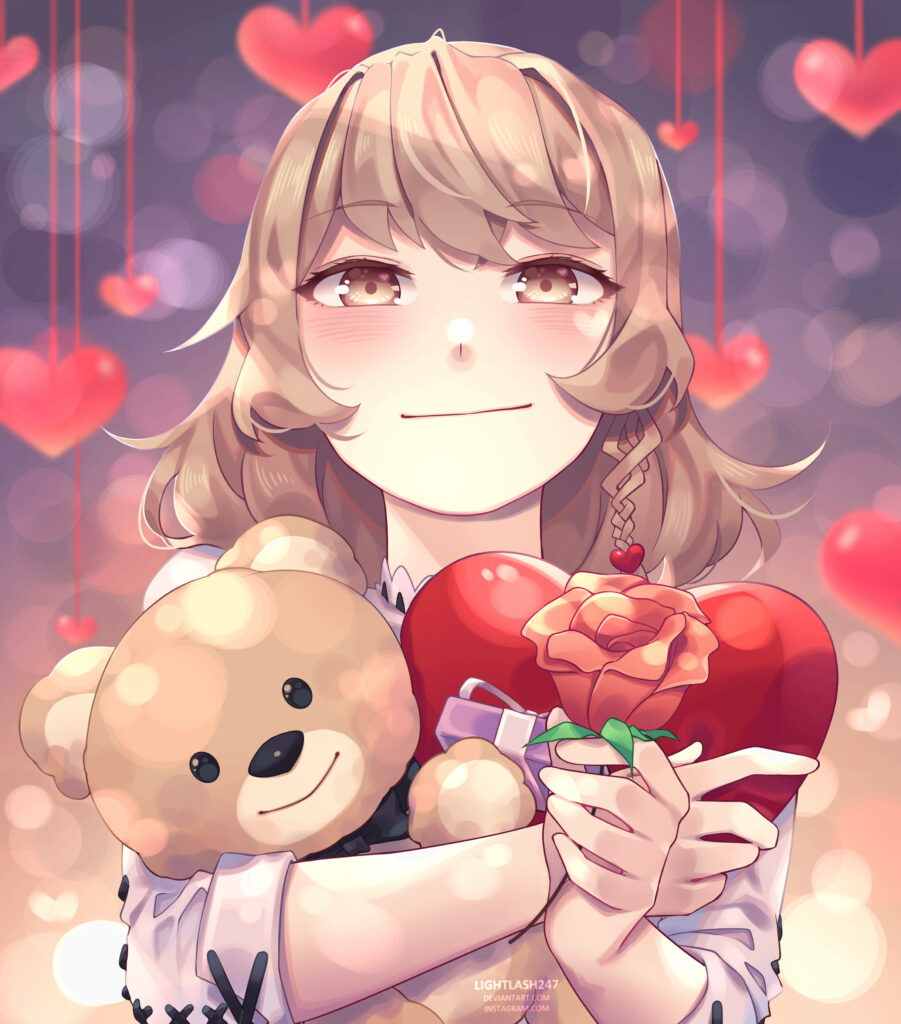 Cheerful Anime Girl Wallpaper: Cute Hearts & Cuddly Bear Background