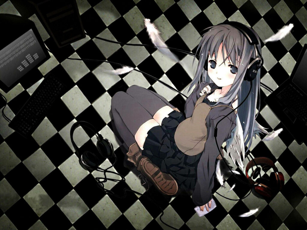 Cozy Anime Girl Wallpaper PFP: Headphones & Checkered Floor Design