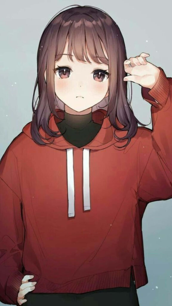 Cute Anime Girl in Red Sweatshirt - Perfect Profile Picture Wallpaper