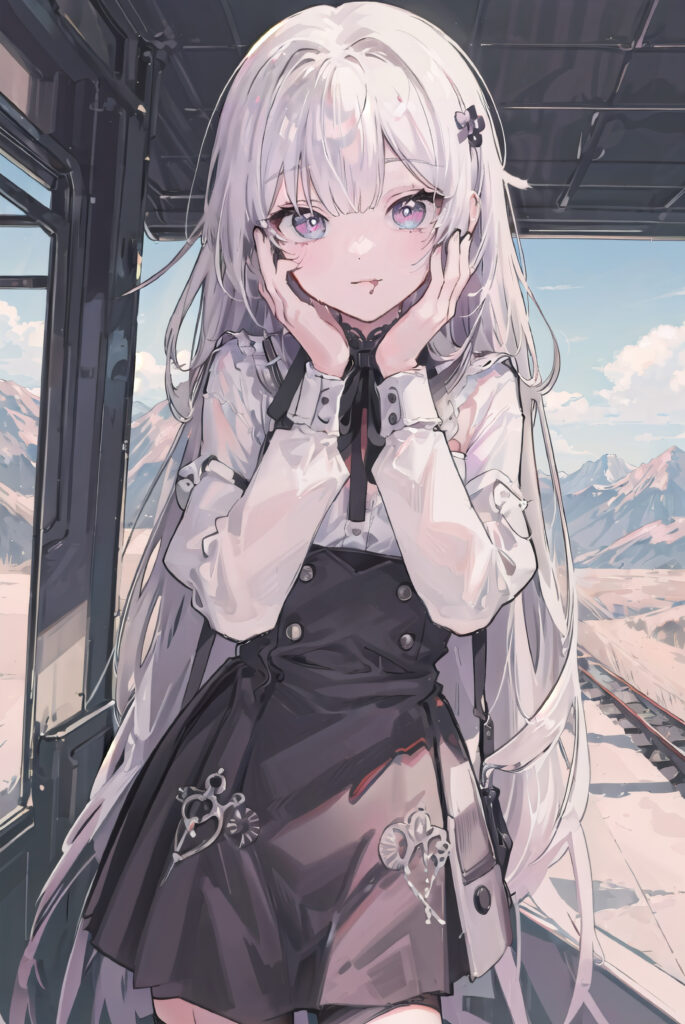 Serene Anime Girl in Train with Scenic Mountain Background Wallpaper