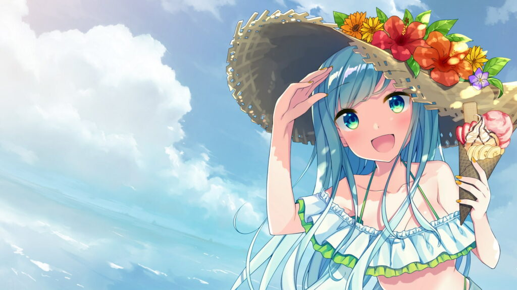 Sweet Summer Anime: Original Blue-Haired Girl Enjoys Beach and Ice Cream with a Cute Flower Touch - HD Wallpaper
