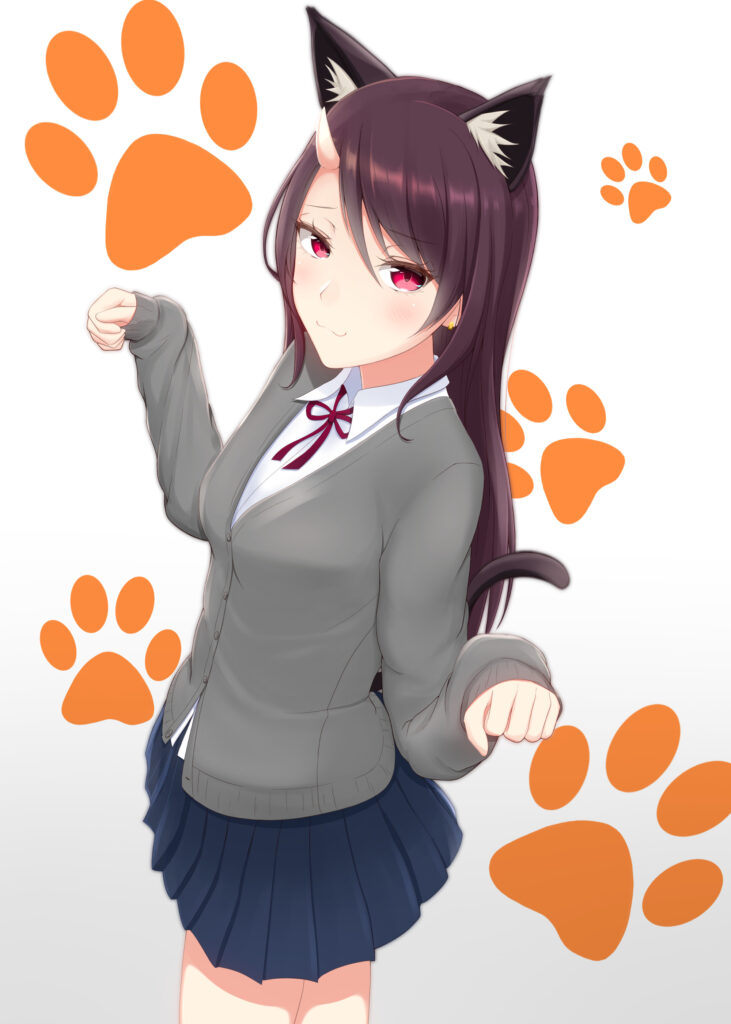 Charming Anime Girl with Cat Ears and Paw Print Background Wallpaper