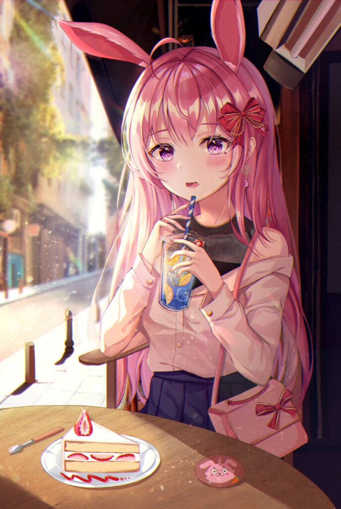 Cozy Café Anime Girl Wallpaper: Cute Bunny Ears & Pink Hair
