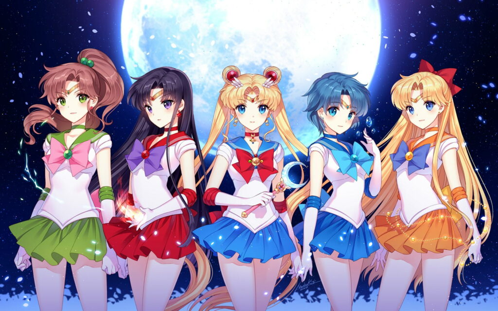 Sailor Moon and original Sailor Guardians in vibrant uniforms with glowing full moon background Wallpaper