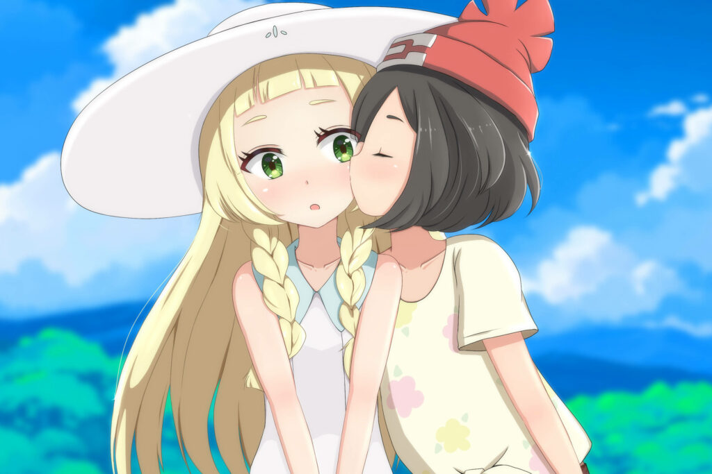 Adorable Anime Affection: Pokémon's Lillie and Selene Share a Tender Kiss Wallpaper