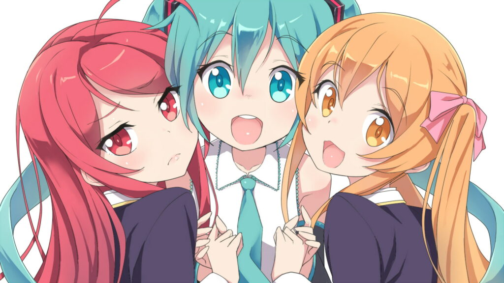 Hatsune Miku and Friends in School Uniforms Having Fun Together Wallpaper