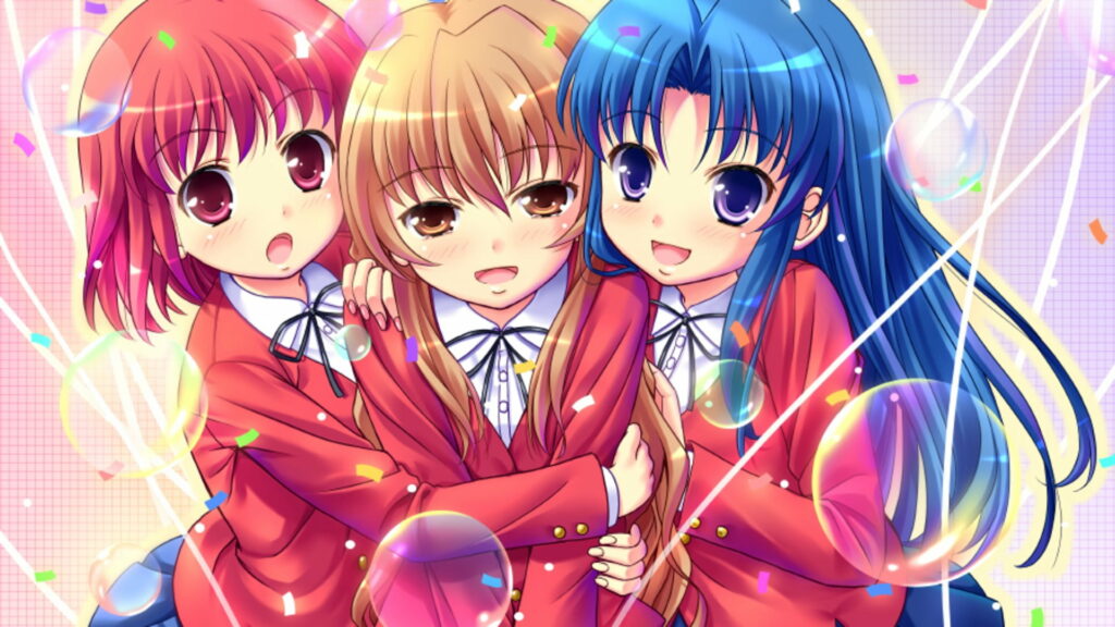 Cute Anime Girls Poster: Three Smiling Characters in a Warm Hug - HD Graphic Wallpaper